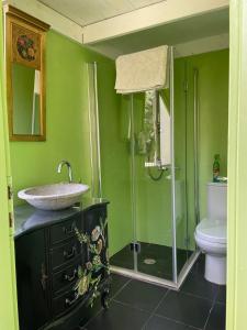 a green bathroom with a sink and a toilet at Villa Marina in Haifa