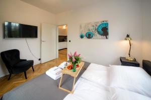 ein Schlafzimmer mit einem Bett, einem Stuhl und einem TV in der Unterkunft Maya's Flats & Resorts 63 - 3 rooms flat in old town Gdansk in Danzig