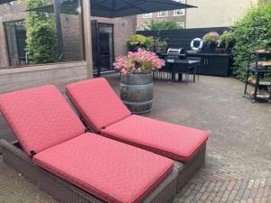 twee banken met rode kussens op een patio bij Tuinhuis aan het water in Voorburg