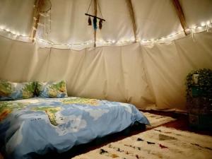 Langaland Glamping في Susenii Bîrgăului: غرفة نوم بسرير في خيمة