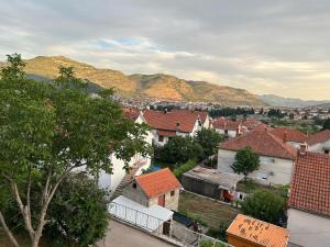 une ville avec des maisons et des montagnes en arrière-plan dans l'établissement P&P Apartmans Drapić, à Trebinje