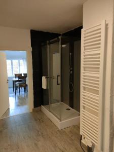 ein Badezimmer mit einer Dusche und einem Glasgehege in der Unterkunft Gasthof Tatenhausen Ferienwohnungen in Tatenhausen