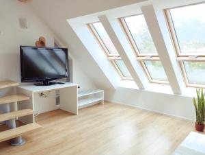 a living room with a flat screen tv and windows at Apartments Wallas in Bovec