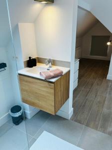 a bathroom with a sink and a shower at Villa Dianga (De Haan) in De Haan