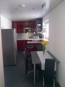 a kitchen with a table with chairs and a refrigerator at #1 Ferienwohnung Hochparterre in Friedrichshafen