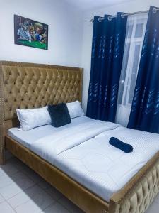 1 dormitorio con 1 cama con cabecero de mechón y cortinas azules en Omuts one bed airbnb with swimmingpool, en Kiambu