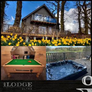 a collage of photos of a house and a pool table at iLodge Ultra in Louth