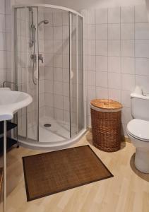 a bathroom with a shower and a toilet and a sink at Grange Des Arts in Saint-Nabor