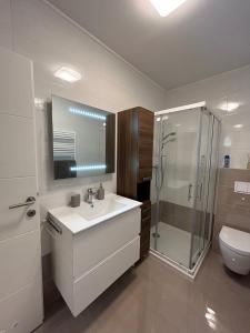 uma casa de banho com um lavatório, um chuveiro e um WC. em Apartman SeaSide em Zadar