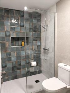 a bathroom with a glass shower with a toilet at Sun Hill Apartment in Santa Cruz