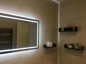 La salle de bains est pourvue d'un grand miroir et d'un lavabo. dans l'établissement Duplex - Palais de Justice, à Toulouse
