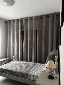 ビナロスにあるLa casa de Mumuのベッドルーム1室(グレーのカーテン付きのベッド1台付)