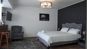 a bedroom with a bed and a chair and a chandelier at Luxury 1BR studio near Hanul Drumetului Bucharest in Bucharest