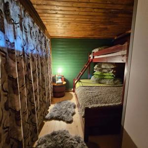Bjørnebu- Ski in-ski out في Kvam: غرفة نوم مع سرير بطابقين وجدار أخضر
