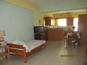 a living room with a bed and a tv in it at Anna's Sweet Home Akrata in Paralía Akrátas