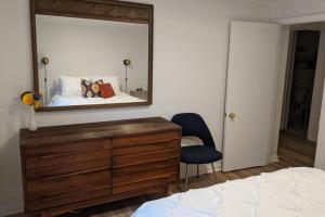 銀泉的住宿－Retro suite with separate office walking- distance to downtown Silver Spring!，一间带镜子、梳妆台和床的卧室