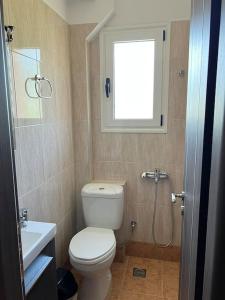 uma casa de banho com um WC, um chuveiro e uma janela. em Ornela's Home 