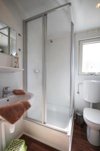 ein Bad mit einer Dusche, einem Waschbecken und einem WC in der Unterkunft Offizier 15 in Neustadt in Holstein