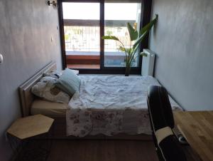 een kleine slaapkamer met een bed en een raam bij Appartement cosy in Perpignan