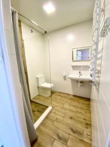 W łazience znajduje się prysznic, toaleta i umywalka. w obiekcie Friends house bukovel w mieście Bukowel