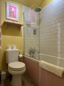 y baño con aseo y ducha acristalada. en Unique Clifton apartment on historic crescent, en Bristol