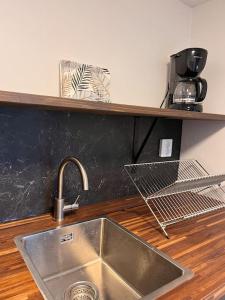 ein Waschbecken in einer Küche mit einem Regal in der Unterkunft Araya Svensson’s Guest House in Falkenberg