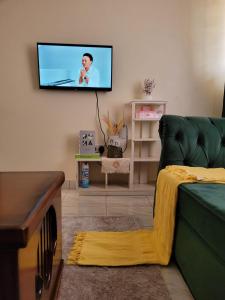 ein Wohnzimmer mit Couch und Flachbildfernseher in der Unterkunft Lux Suites Supaboma Apartments Embakasi in Nairobi