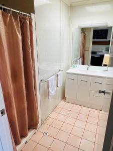 a bathroom with a shower and a sink and a mirror at Horsham Motel in Horsham