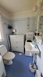 a bathroom with a white toilet and a sink at Sunne Stugcenter 12 in Gräsmark