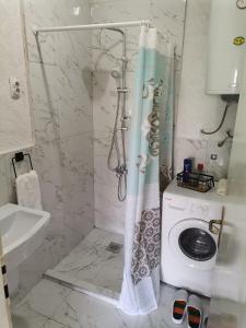 a bathroom with a shower curtain and a washing machine at CALLA 4 Apartment - Main Square, in the City Shopping Center - PARKING SLOT WITH SECURITI AND VIDEO CAMERA in Skopje