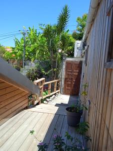 a wooden deck with a plant in a pot next to a fence at Le ti bali Chambre in Saint-Leu
