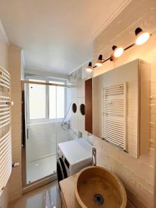 La salle de bains est pourvue d'un lavabo, de toilettes et d'une douche. dans l'établissement Central Royal Luxury flat with 2 bdr & 2 balconies, à Bucarest
