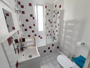 een badkamer met een wastafel, een douche en een toilet bij Les Arums - Maison de Vacances in Saint-Xandre