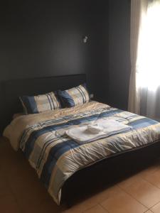 ein Bett mit einer blauen und weißen Decke und einem Fenster in der Unterkunft Family-Friendly Home in Nairobi