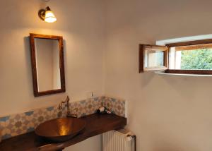a bathroom with a wooden sink and a mirror at Verde de Viscri in Viscri