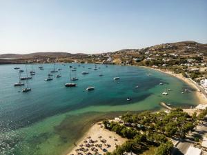 an aerial view of a harbor with boats in the water at Play Paros in Kampos Paros
