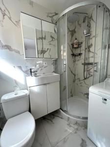een witte badkamer met een toilet en een douche bij Paris cosy studio near Beaugrenelle and Eiffel Tower in Parijs