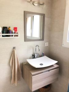 een badkamer met een wastafel en een spiegel bij Chalet cocooning en pleine nature in Saxon