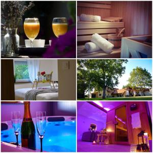 a collage of photos with wine glasses and a pool at Seoska vila Vallis Aurea in Kaptol