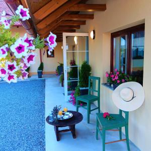 patio z krzesłami, stołem i kwiatami w obiekcie Seoska vila Vallis Aurea w mieście Kaptol