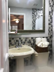 a bathroom with a sink and a mirror and a toilet at The Havens hideaway in Freeport