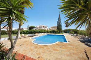 a swimming pool in a yard with palm trees at Apartamento Navegador in Sagres