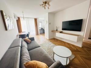 uma sala de estar com um sofá e uma televisão de ecrã plano em Bel Dom - The Central, spacious 2 rooms luxury apartment em Cluj-Napoca