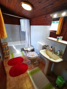 y baño con aseo, lavabo y bañera. en MERIKOTKA - a cozy wooden cottage, sLOVEnia, en Braslovče