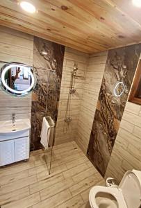 uma casa de banho com um chuveiro, um WC e um lavatório. em Rooms in Leshten em Leshten