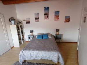 Avrillé的住宿－L Océan En Vendée，一间卧室配有一张带蓝色枕头的床。