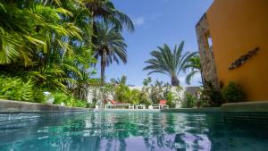 a swimming pool in front of a house with palm trees at Libert Hotel in Porlamar