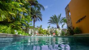 uma piscina em frente a uma casa com palmeiras em Libert Hotel em Porlamar