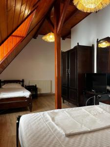 a bedroom with two beds and a flat screen tv at La Conac in Nufăru