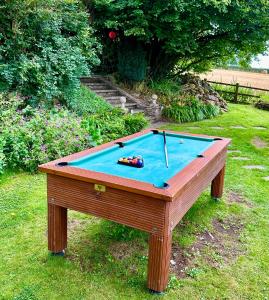 a ping pong table with a blue ping pong ball at Log Cabin near Bath in Chippenham
